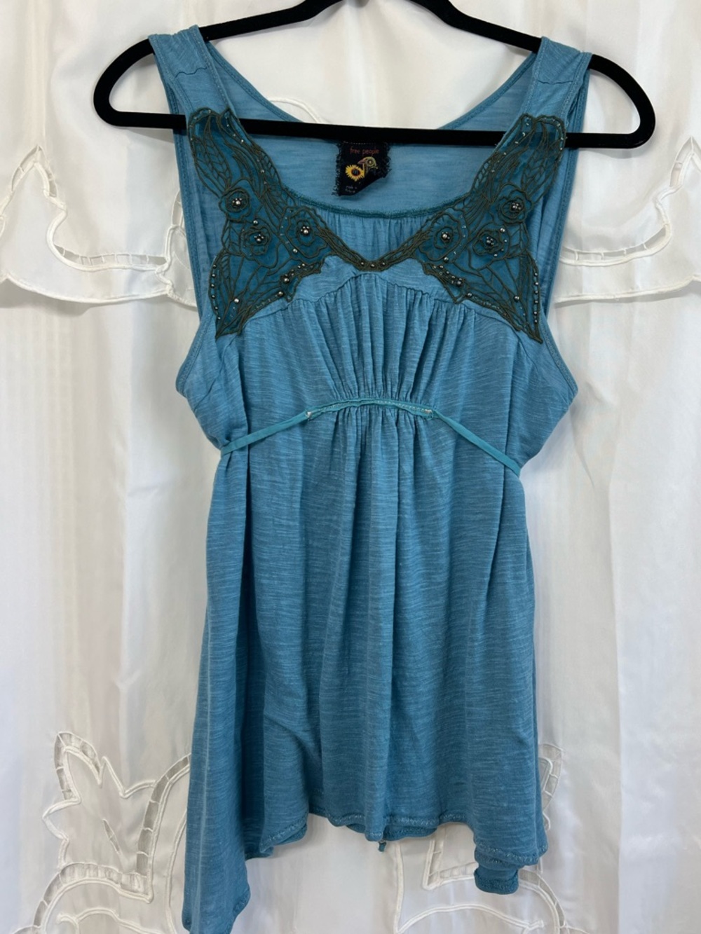 Free People Boho Embroidered Beaded Tunic Tank Blue Sleeveless Babydoll Small